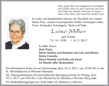 Traueranzeige von Luise Miller von Allgäuer Zeitung, Füssen