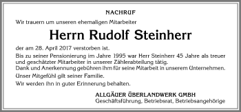 Traueranzeige von Rudolf Steinherr von Allgäuer Zeitung,Kempten