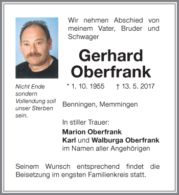 Traueranzeige von Gerhard Oberfrank von Memminger Zeitung
