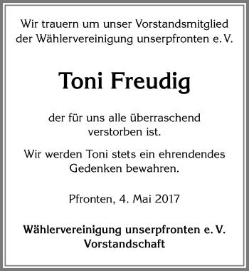 Traueranzeige von Toni Freudig von Allgäuer Zeitung, Füssen