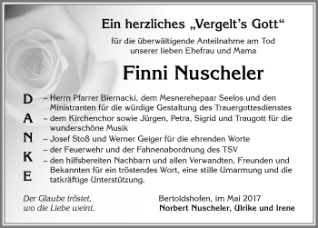Traueranzeige von Finni Nuscheler von Allgäuer Zeitung, Marktoberdorf