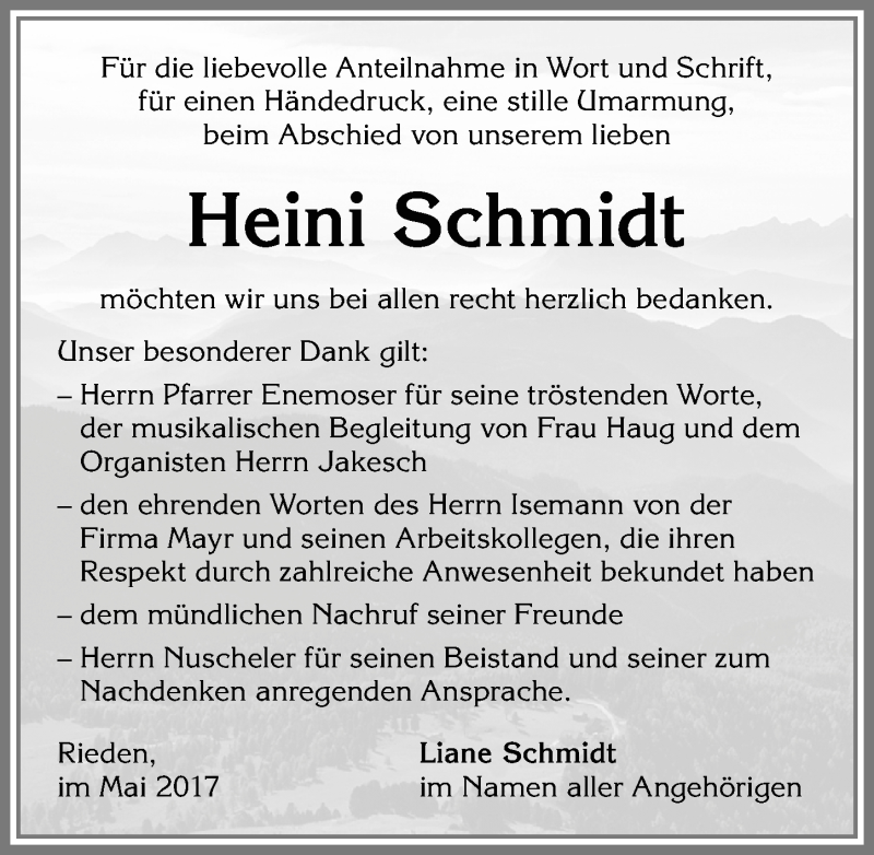  Traueranzeige für Heinrich Schmidt vom 02.05.2017 aus Allgäuer Zeitung, Kaufbeuren/Buchloe