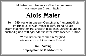 Traueranzeige von Alois Maier von Allgäuer Zeitung, Marktoberdorf