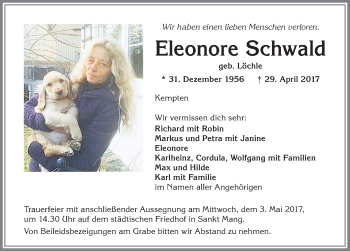 Traueranzeige von Eleonore Schwald von Allgäuer Zeitung,Kempten