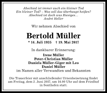 Traueranzeige von Bertold Müller von Allgäuer Anzeigeblatt