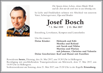 Traueranzeige von Josef Bosch von Allgäuer Zeitung,Kempten