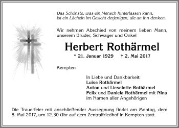 Traueranzeige von Herbert Rothärmel von Allgäuer Zeitung,Kempten