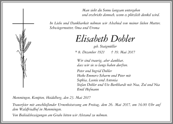 Traueranzeige von Elisabeth Dobler von Memminger Zeitung