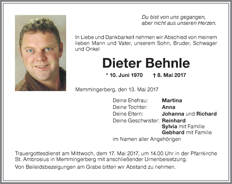  Traueranzeige für Dieter Behnle vom 13.05.2017 aus Allgäuer Zeitung