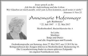 Traueranzeige von Annemarie Hafenmayr von Allgäuer Zeitung, Marktoberdorf