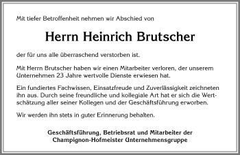 Traueranzeige von Heinrich Brutscher von Allgäuer Zeitung,Kempten