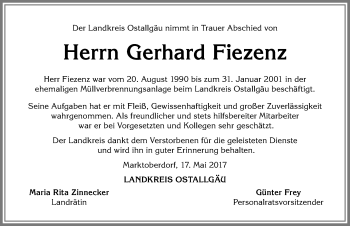 Traueranzeige von Gerhard Fiezenz von Allgäuer Zeitung, Marktoberdorf
