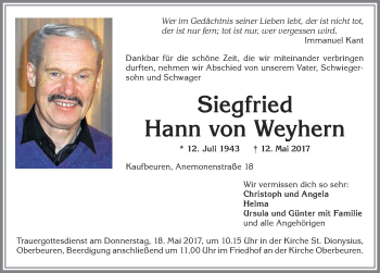 Traueranzeige von Siegfried Hann von Weyhern von Allgäuer Zeitung