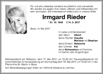 Traueranzeige von Irmgard Rieder von Memminger Zeitung
