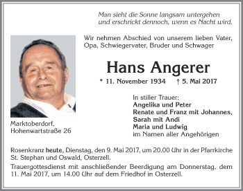 Traueranzeige von Hans Angerer von Allgäuer Zeitung, Kaufbeuren/Buchloe