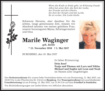 Traueranzeige von Marile Waginger von Allgäuer Anzeigeblatt