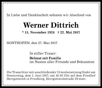 Traueranzeige von Werner Dittrich von Allgäuer Anzeigeblatt