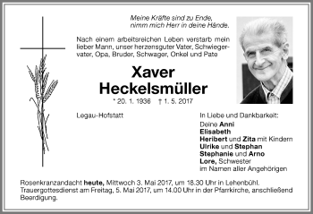 Traueranzeige von Xaver Heckelsmüller von Memminger Zeitung