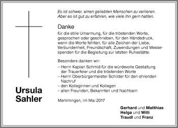 Traueranzeige von Ursula Sahler von Memminger Zeitung