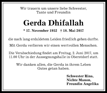 Traueranzeige von Gerda Dhifallah von Allgäuer Anzeigeblatt