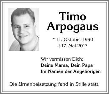 Traueranzeige von Timo Arpogaus von Allgäuer Zeitung,Kempten