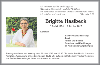 Traueranzeige von Brigitte Haslbeck von Allgäuer Zeitung,Kempten