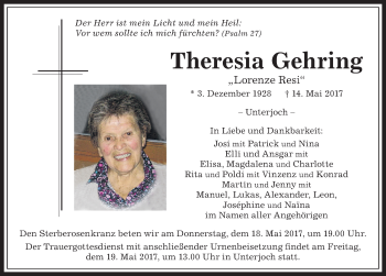 Traueranzeige von Theresia Gehring von Allgäuer Anzeigeblatt