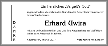 Traueranzeige von Erhard Uwira von Allgäuer Zeitung, Kaufbeuren/Buchloe