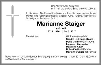 Traueranzeige von Marianne Staiger von Memminger Zeitung