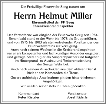 Traueranzeige von Helmut Miller von Allgäuer Zeitung, Füssen
