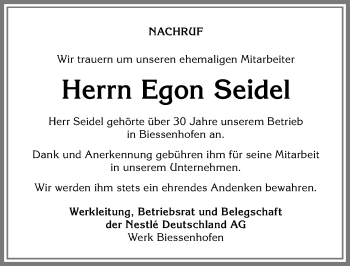 Traueranzeige von Egon Seidel von Allgäuer Zeitung