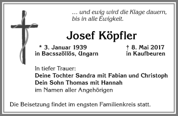 Traueranzeige von Josef Köpfler von Allgäuer Zeitung, Kaufbeuren/Buchloe