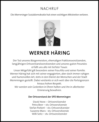 Traueranzeige von Werner Häring von Memminger Zeitung