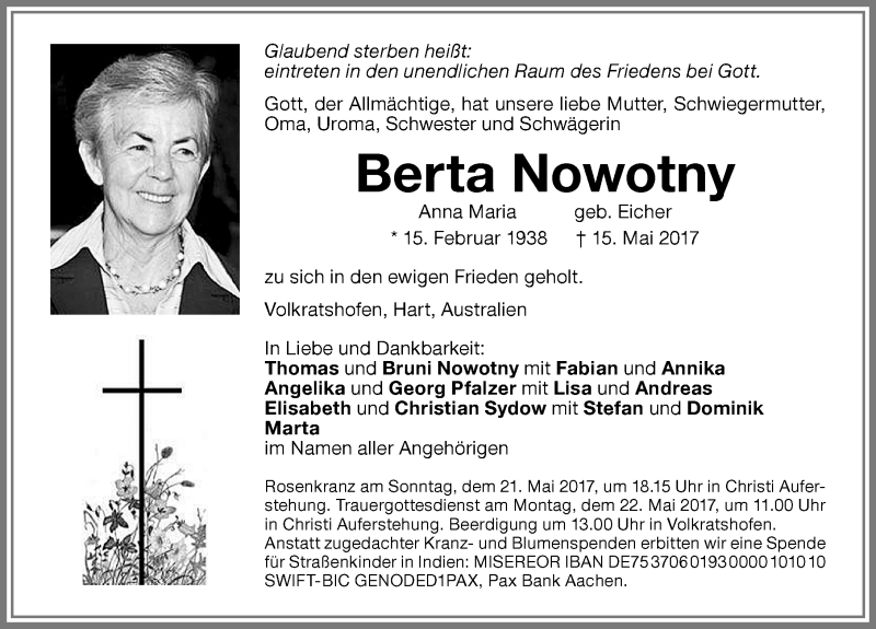  Traueranzeige für Berta Nowotny vom 20.05.2017 aus Memminger Zeitung