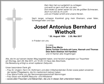Traueranzeige von Josef Antonius Bernhard Wietholt von Memminger Zeitung