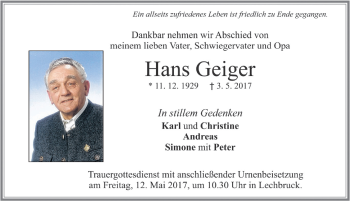 Traueranzeige von Hans Geiger von Allgäuer Zeitung, Füssen