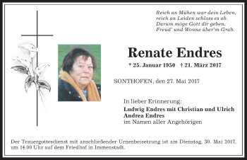 Traueranzeige von Renate Endres von Allgäuer Anzeigeblatt