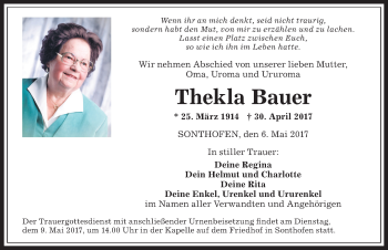 Traueranzeige von Thekla Bauer von Allgäuer Anzeigeblatt