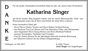 Traueranzeige von Katharina Singer von Allgäuer Zeitung, Kaufbeuren/Buchloe