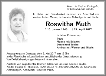 Traueranzeige von Roswitha Muth von Allgäuer Zeitung,Kempten