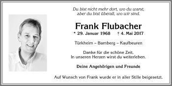 Traueranzeige von Frank Flubacher von Allgäuer Zeitung, Kaufbeuren/Buchloe