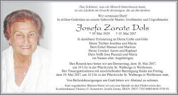 Traueranzeige von Josefa Zarate Dols von Allgäuer Zeitung, Füssen