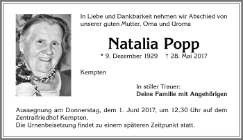 Traueranzeige von Natalia Popp von Allgäuer Zeitung,Kempten