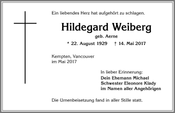 Traueranzeige von Hildegard Weiberg von Allgäuer Zeitung,Kempten