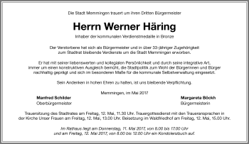 Traueranzeige von Werner Häring von Memminger Zeitung