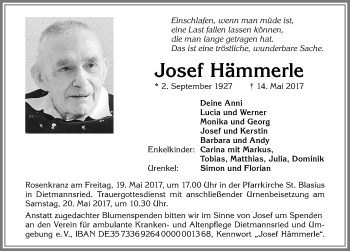 Traueranzeige von Josef Hämmerle von Allgäuer Zeitung,Kempten