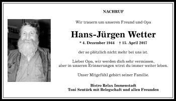 Traueranzeige von Hans-Jürgen Wetter von Allgäuer Anzeigeblatt