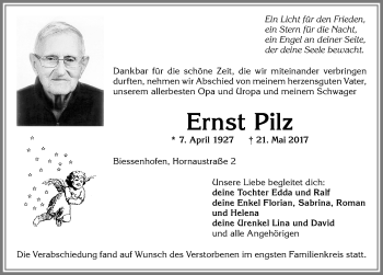 Traueranzeige von Ernst Pilz von Allgäuer Zeitung, Kaufbeuren/Buchloe