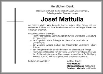 Traueranzeige von Josef Mattulla von Memminger Zeitung