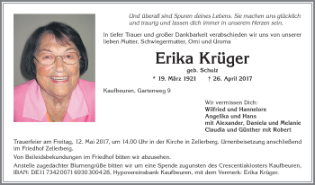 Traueranzeige von Erika Krüger von Allgäuer Zeitung, Kaufbeuren/Buchloe